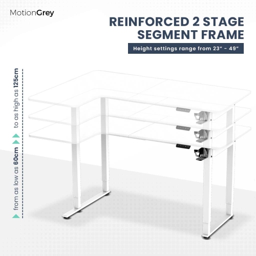 MotionGrey Ergo2 Pro - Adjustable Left L-Shaped Electric Standing Desk with Memory Settings-63" x 43" White Top White Frame - Ergonomic Desk for Home