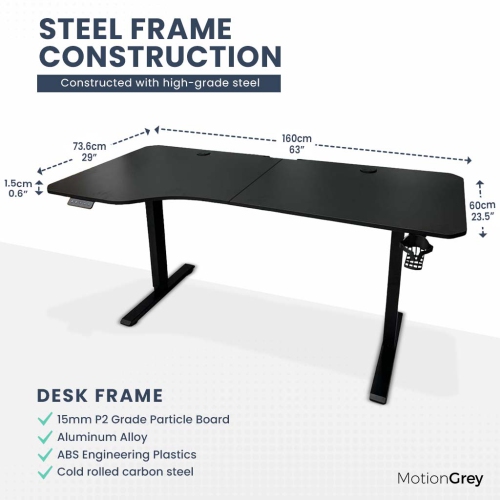 MotionGrey Ergo2 – Bureau debout électrique gauche réglable en L avec réglages de mémoire – Cadre noir supérieur 63 x 24 po – Bureau ergonomique