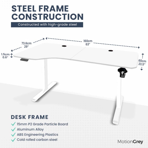 MotionGrey Ergo2 - Adjustable Left L-Shaped Electric Standing Desk with Memory Settings - 63" x 24" White Top White Frame - Ergonomic Desk for Home