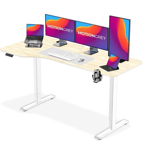 MotionGrey Ergo2 - Adjustable Left L-Shaped Electric Standing Desk with Memory Settings-63" x 24" Light Brown Top White Frame Ergonomic Desk for Home