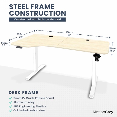 MotionGrey Ergo2 - Adjustable Left L-Shaped Electric Standing Desk with Memory Settings-63" x 24" Light Brown Top White Frame Ergonomic Desk for Home