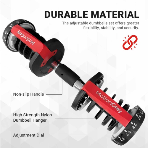 MotionGrey Adjustable Dumbbell 5 LB to 52.5 LB -15 Weight Settings with Anti-slip Handle - Perfect for Home Gym Exercise & Workout Equipment - Free