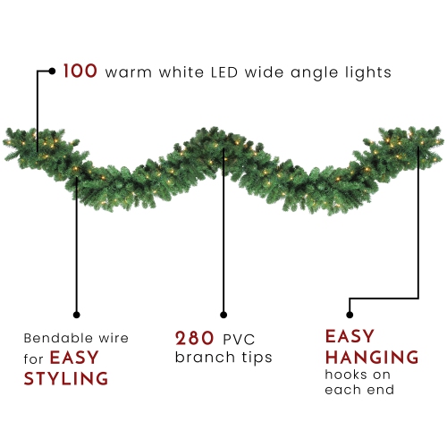 Pre-Lit Olympia Pine Artificial Christmas Garland - 9' x 14" - Warm White LED Lights