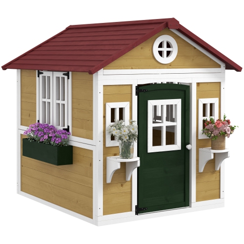 Maisonnette extérieure Outsunny Kids, grand équipement de jeu en bois avec porte, fenêtres, pots et boîtes de jardinières, jouets-cadeaux pour enfant