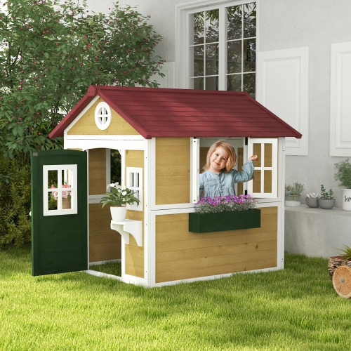 Outsunny Kids Outdoor Indoor Playhouse, Wooden Toddlers Large Pretend Play Equipment or Chicken Coop with Door, Windows, Planter Pots, Gift Toys for