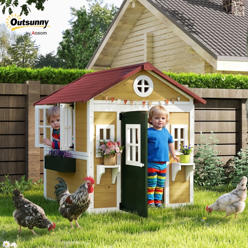 Outsunny Kids Outdoor Indoor Playhouse, Wooden Toddlers Large Pretend Play Equipment or Chicken Coop with Door, Windows, Planter Pots, Gift Toys for