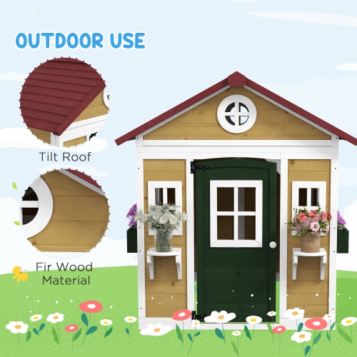 Outsunny Kids Outdoor Indoor Playhouse, Wooden Toddlers Large Pretend Play Equipment or Chicken Coop with Door, Windows, Planter Pots, Gift Toys for