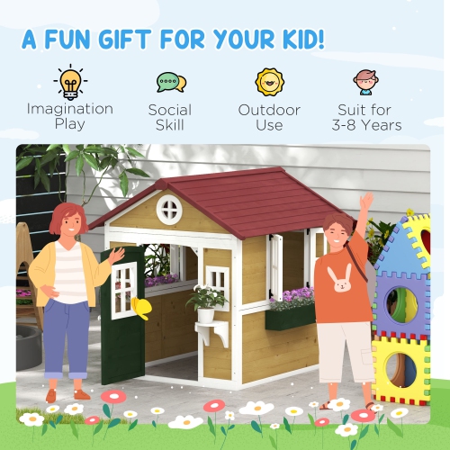 Outsunny Kids Outdoor Indoor Playhouse, Wooden Toddlers Large Pretend Play Equipment or Chicken Coop with Door, Windows, Planter Pots, Gift Toys for