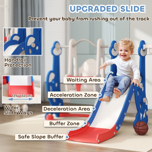 Qaba 4-in-1 Toddler Slide, Baby Kids Indoor Slide and Swing Set with Basketball Hoop, Climber, Indoor Playground for Ages 1.5-4 Boys Girls Toddler,