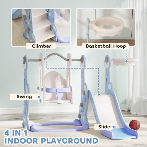 Qaba 4-in-1 Toddler Slide, Baby Kids Indoor Slide and Swing Set with Basketball Hoop, Climber, Indoor Playground for Ages 1.5-4 Boys Girls Toddler,