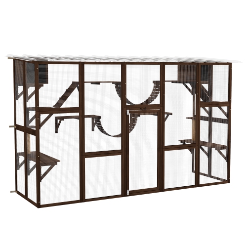 PawHut Catio, Large Outdoor Cat Enclosure with Cat Condos, Platforms, Ladders, Doors, Weather-Resistant Roof, Wooden Cat Cage for 1-4 Cats, Espresso