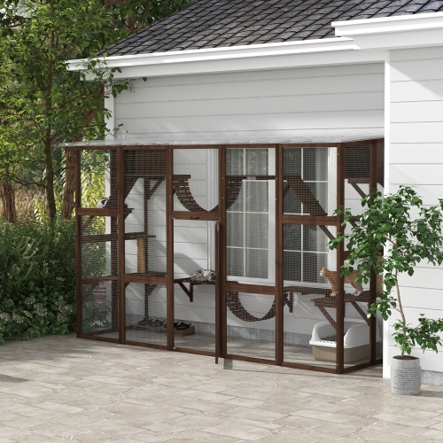 PawHut Catio, Large Outdoor Cat Enclosure with Cat Condos, Platforms, Ladders, Doors, Weather-Resistant Roof, Wooden Cat Cage for 1-4 Cats, Espresso
