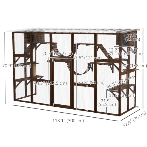 PawHut Catio, Large Outdoor Cat Enclosure with Cat Condos, Platforms, Ladders, Doors, Weather-Resistant Roof, Wooden Cat Cage for 1-4 Cats, Espresso