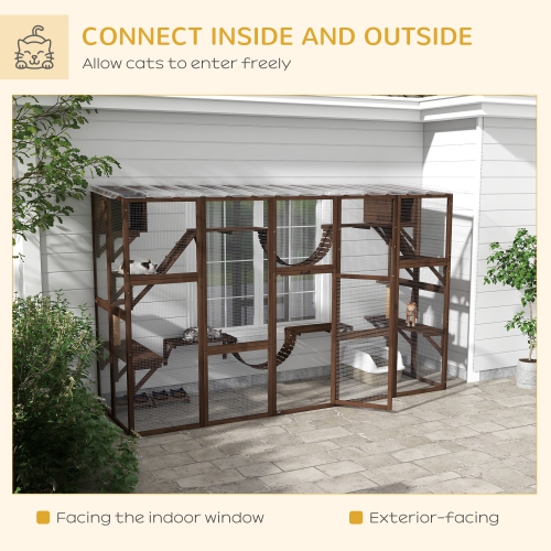 PawHut Catio, Large Outdoor Cat Enclosure with Cat Condos, Platforms, Ladders, Doors, Weather-Resistant Roof, Wooden Cat Cage for 1-4 Cats, Espresso