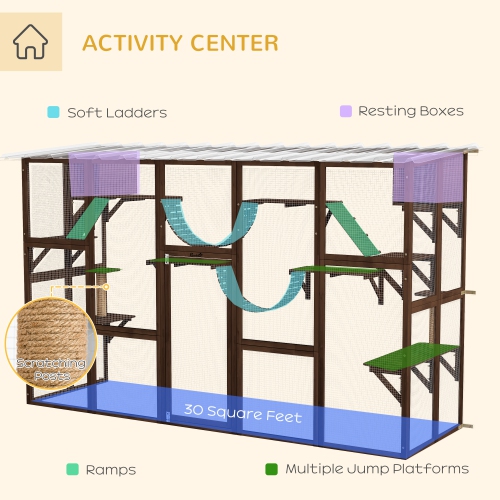PawHut Catio, Large Outdoor Cat Enclosure with Cat Condos, Platforms, Ladders, Doors, Weather-Resistant Roof, Wooden Cat Cage for 1-4 Cats, Espresso