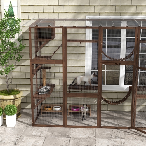 PawHut Catio, Large Outdoor Cat Enclosure with Cat Condos, Platforms, Ladders, Doors, Weather-Resistant Roof, Wooden Cat Cage for 1-4 Cats, Espresso