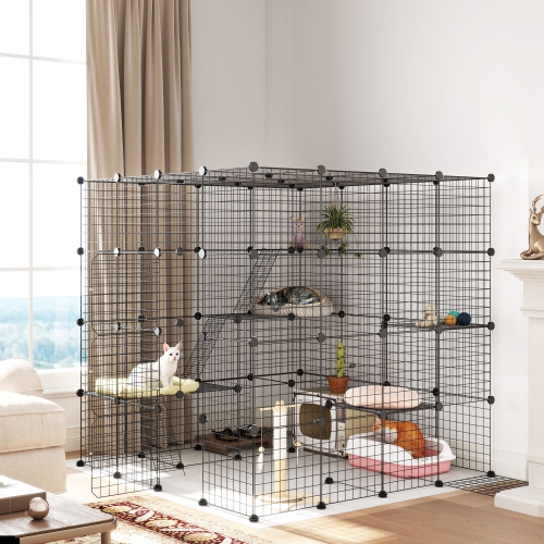 PawHut DIY Large Cat Cage Indoor, Catio Pet Playpen with Platforms, Ramps, Kitten Exercise Place for 1-3 Cats, Bunny and Chinchillas, 55 x 55 x 55in,