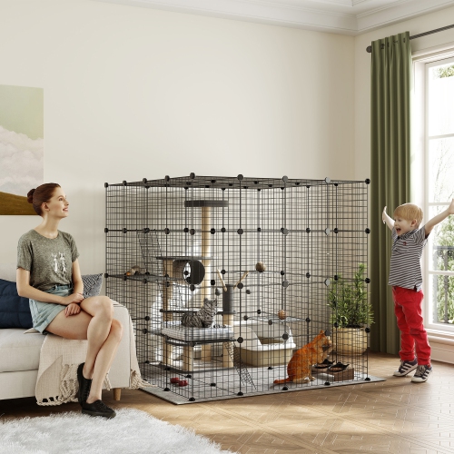 PawHut DIY Large Cat Cage Indoor, Catio Pet Playpen with Platforms, Ramps, Kitten Exercise Place for 1-3 Cats, Bunny and Chinchillas, 55 x 55 x 55in,