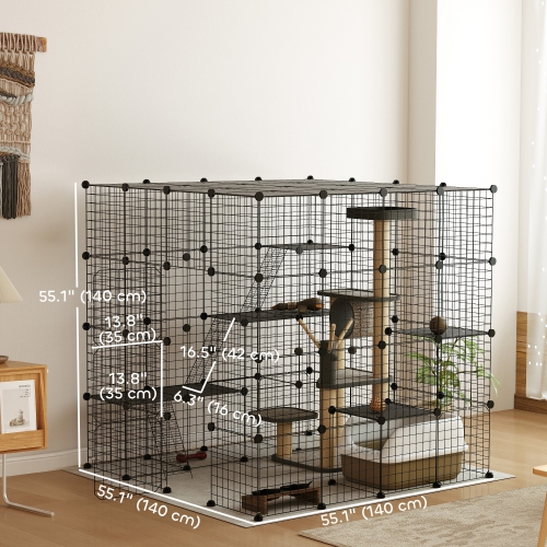PawHut DIY Large Cat Cage Indoor, Catio Pet Playpen with Platforms, Ramps, Kitten Exercise Place for 1-3 Cats, Bunny and Chinchillas, 55 x 55 x 55in,