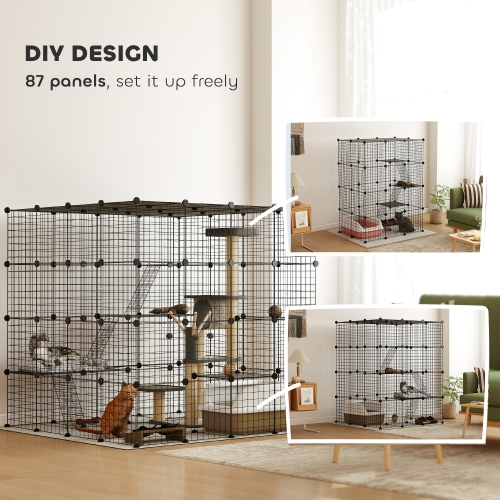 PawHut DIY Large Cat Cage Indoor, Catio Pet Playpen with Platforms, Ramps, Kitten Exercise Place for 1-3 Cats, Bunny and Chinchillas, 55 x 55 x 55in,