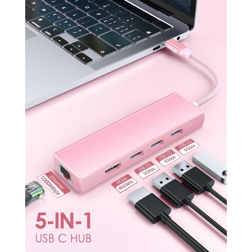 USB C Hub with Gigabit Ethernet, 4K HDMI Output, and 3 USB 3.0 Compatible 2022-2016 MacBook Pro 13/15/16, New Mac Air & Surface, Chromebook, More,
