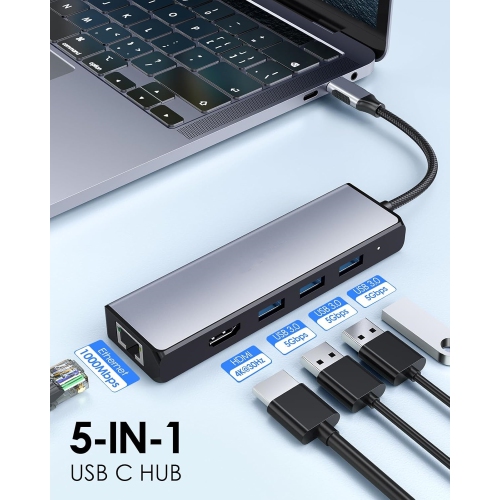USB C Hub with Gigabit Ethernet, 4K HDMI Output, and 3 USB 3.0 Compatible 2022-2016 MacBook Pro 13/15/16, New Mac Air & Surface, Chromebook, More,