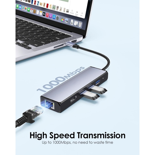 USB C Hub with Gigabit Ethernet, 4K HDMI Output, and 3 USB 3.0 Compatible 2022-2016 MacBook Pro 13/15/16, New Mac Air & Surface, Chromebook, More,