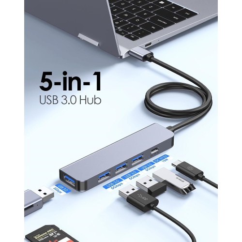 USB Hub with 2ft Extension Cable, 5 in 1 USB Adapter with Type C Power Supply, 4 USB 3.0 Ports, USB Splitter for Desktop Computer, PC, PS4,