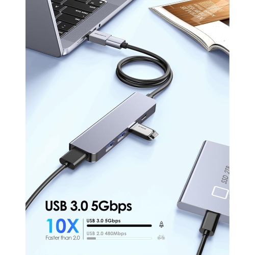 USB Hub with 2ft Extension Cable, 5 in 1 USB Adapter with Type C Power Supply, 4 USB 3.0 Ports, USB Splitter for Desktop Computer, PC, PS4,