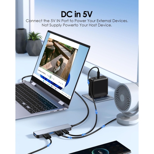 USB Hub with 2ft Extension Cable, 5 in 1 USB Adapter with Type C Power Supply, 4 USB 3.0 Ports, USB Splitter for Desktop Computer, PC, PS4,