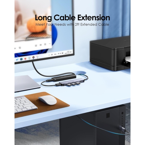 USB Hub with 2ft Extension Cable, 5 in 1 USB Adapter with Type C Power Supply, 4 USB 3.0 Ports, USB Splitter for Desktop Computer, PC, PS4,