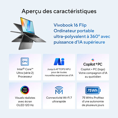 Copilot+ PC 2-en-1 à écran tactile de 16 po Vivobook 16 Flip d'ASUS - Gris mat