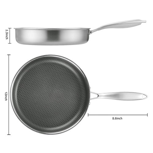 Poêle à frire en acier inoxydable avec couvercle de 12&nbsp;po, poêle antiadhésive avec revêtement alvéolé, antirayure