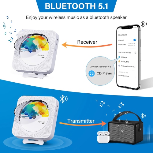 Lecteur CD portatif avec écran LED,Lecteur CD Bluetooth de bureau,Deux haut-parleurs intégrés,Prise en charge de la radio CD/FM/USB/AUX-Blanc