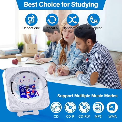 Lecteur CD portatif avec écran LED,Lecteur CD Bluetooth de bureau,Deux haut-parleurs intégrés,Prise en charge de la radio CD/FM/USB/AUX-Blanc