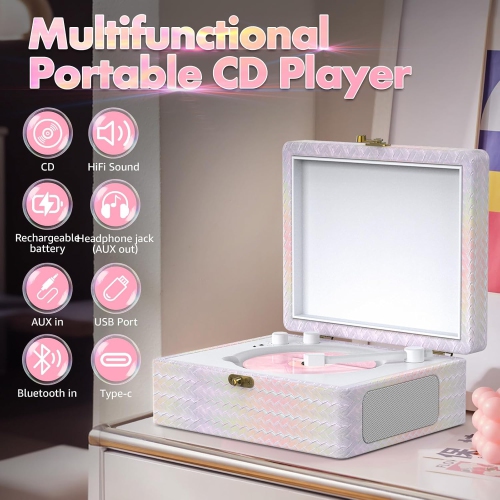 Portable CD Player,Bluetooth Speaker Desktop CD Player,Rechargeable CD Player with Bluetooth Input,USB Playback,AUX in,Headphone Jack,Remote
