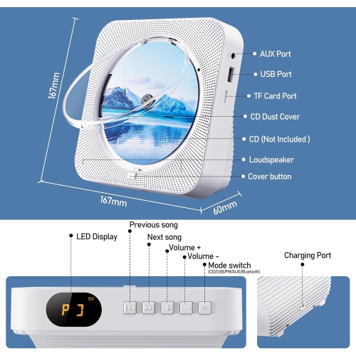 Lecteur CD portatif Bluetooth avec haut-parleur haute fidélité, télécommande, housse antipoussière, écran LED, radio FM, USB/auxiliaire blanc