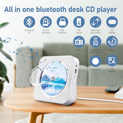 Lecteur CD portatif Bluetooth avec haut-parleur haute fidélité, télécommande, housse antipoussière, écran LED, radio FM, USB/auxiliaire blanc
