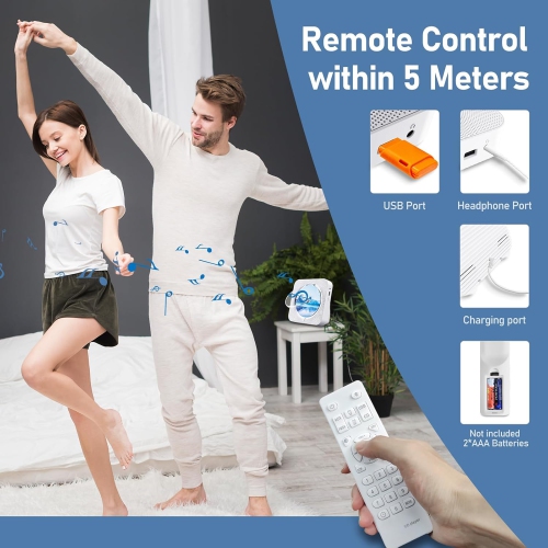 Lecteur CD portatif Bluetooth avec haut-parleur haute fidélité, télécommande, housse antipoussière, écran LED, radio FM, USB/auxiliaire blanc