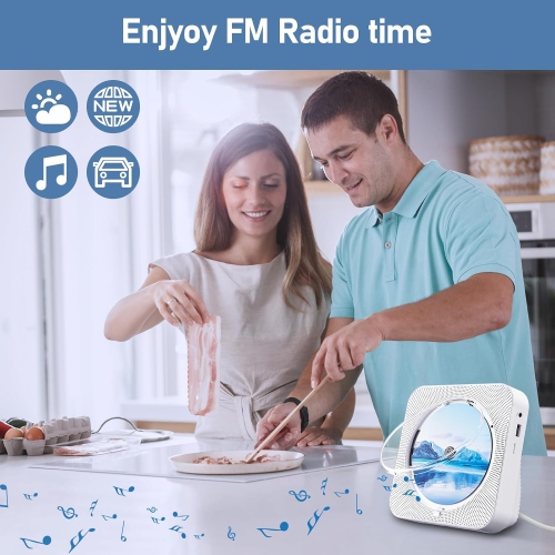 Lecteur CD portatif Bluetooth avec haut-parleur haute fidélité, télécommande, housse antipoussière, écran LED, radio FM, USB/auxiliaire blanc