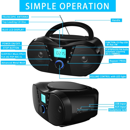 Minichaîne portative avec lecteur CD Bluetooth, lecteur CD portatif, minichaîne stéréo avec radio FM, lecteur MP3, entrée auxiliaire pour écouteurs,