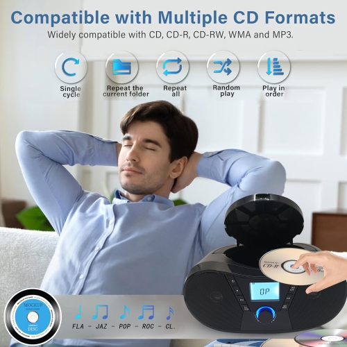 Minichaîne portative avec lecteur CD Bluetooth, lecteur CD portatif, minichaîne stéréo avec radio FM, lecteur MP3, entrée auxiliaire pour écouteurs,