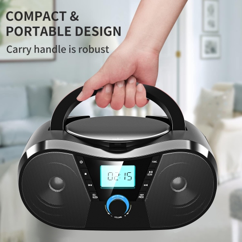 Minichaîne portative avec lecteur CD Bluetooth, lecteur CD portatif, minichaîne stéréo avec radio FM, lecteur MP3, entrée auxiliaire pour écouteurs,