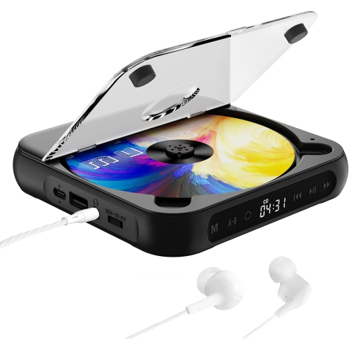 Portable CD Player,Mini CD Player with Bluetooth,Rechargeable Small CD Player with Headphones for Car Travel-Black