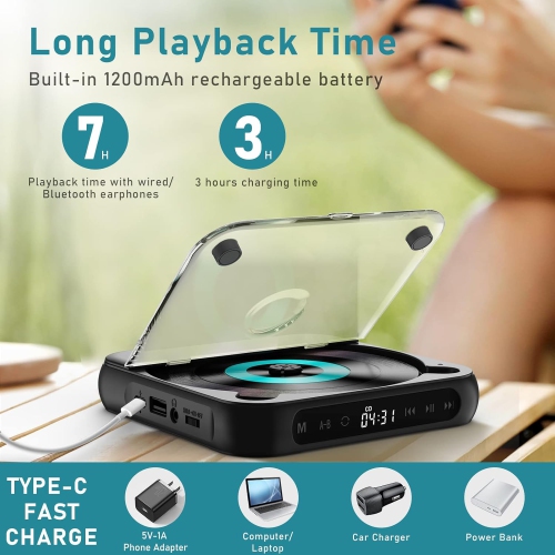 Portable CD Player,Mini CD Player with Bluetooth,Rechargeable Small CD Player with Headphones for Car Travel-Black