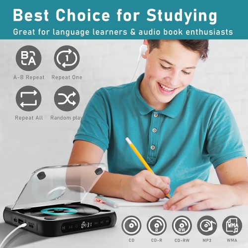 Portable CD Player,Mini CD Player with Bluetooth,Rechargeable Small CD Player with Headphones for Car Travel-Black