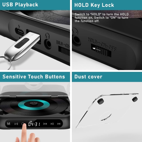 Portable CD Player,Mini CD Player with Bluetooth,Rechargeable Small CD Player with Headphones for Car Travel-Black