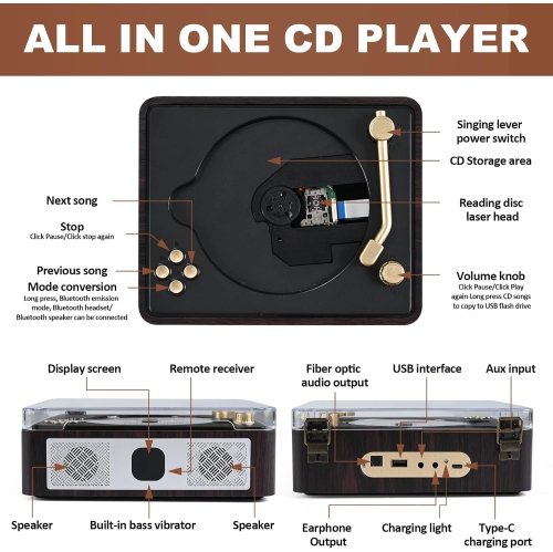 Lecteur CD portatif Bluetooth,Lecteur CD portatif rétro,Lecteurs CD de bureau pour la maison,Haut-parleurs intégrés, Prise pour écouteurs