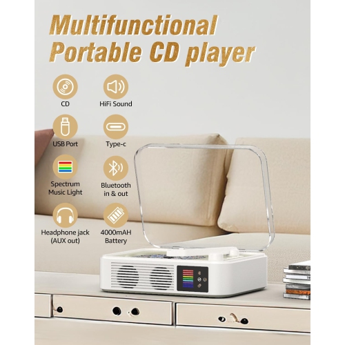 Lecteur CD portatif Bluetooth LED de bureau rétro pour la maison, lecteur CD rechargeable avec haut-parleur, sortie Bluetooth et entrée - Blanc
