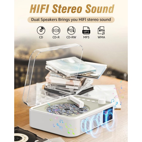 Lecteur CD portatif Bluetooth LED de bureau rétro pour la maison, lecteur CD rechargeable avec haut-parleur, sortie Bluetooth et entrée - Blanc